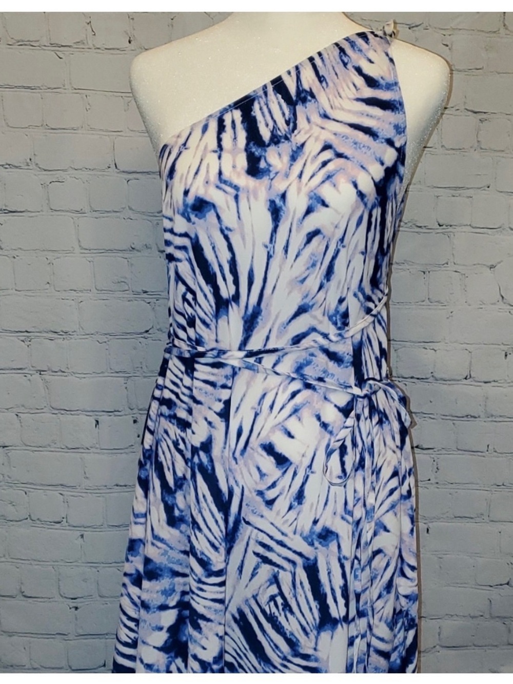 Olivaceous One-Shoulder Blue and White Tie-Dye Maxi Dress